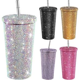 Water Bottles 500ml Straw Cup With Lid Reusable Stainless Steel Double Layer Thermos Glitter Bottle Gift 230428