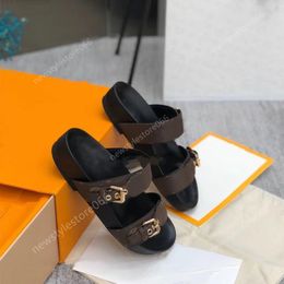 Designer Slippers slides sandals Summer Flats Sexy real leather platform Shoe Ladies Beach Effortlessly Stylish Slides 2 Straps with Adjusted Gold Buckles with box