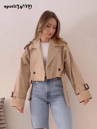 Kvinnors trenchrockar khaki beskurna kvinnor långa ärmar design jacka chic lady high street casual lös topp kvinnlig 2023 230503