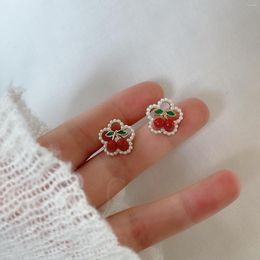 Backs Earrings Cute Pearl Flower Peach Strawberry Ear Clips Exquisite Small Red Cherry Clip On Without Piercing For Female