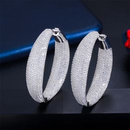 Hoop Huggie CWWZircons Micro Pave Cubic Zirconia Round Big Statement Hoop Earrings Silver Color Luxury Women Wedding Bridal Jewelry CZ809 230428