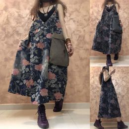 Skirts 22 Women Autumn Denim Dresses High Street Style Print Big Pocket Furcal Vintage Loose Female Tide Suspender Skirt