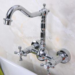 Kitchen Faucets Polished Chrome Swivel Spout Sink Basin Faucet / 2 Hole Wall Mounted Vessel Dual Handles Mixer Taps Tnf970