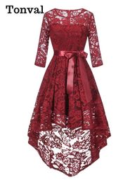 Dresses Tonval Vintage Robe Floral Lace Elegant High Low Hem Maxi Dress for Women ONeck 3/4 Length Sleeve Evening Party Dresses