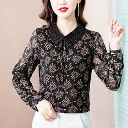 T-Shirt Elegant Fashion Chic Embroidered Flares PoloNeck Chiffon Fashion Women Blouses 2022 Long Sleeve Top Women's Clothing Shirts