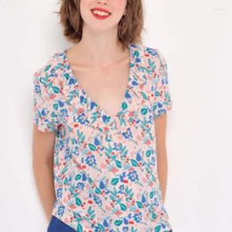 Women's Blouses A Short-sleeved Top In Soft Printed V Neck Frills Shirts With Pale Pink Fruit Buttons