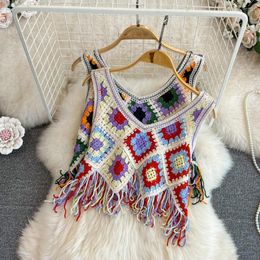 Women's Tanks 2023 Summer Vintage Ethnic Bohemian Vest Crop Top Women Travel Super Fairy Tassel Hollowed-out V-neck Tank