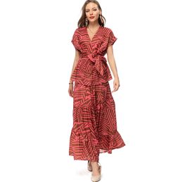 Women's Runway Two Piece Dress V Neck Short Sleeves Printed Lace Up Blouse with Skirt Twinset Sets
