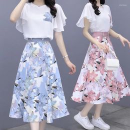 Work Dresses Spring Summer 2023 Women's Outfits Slim Mid Length Dress And Crop Top Two Piece Sets French High Waist Floral A-Line Skirts