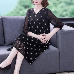 Dresses Black Mesh Embroidery Casual Loose Midi Dress 2022 Vinatge Floral Dress Summer Women Elegant Bodycon Party Evening Vestidos