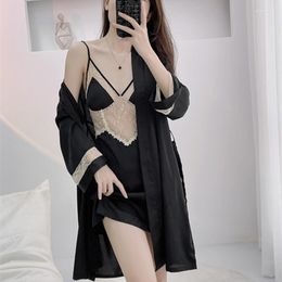 Women's Sleepwear MECHCITIZ Women's Robe Gown Set Sexy Lace Silk Satin Robes Spring Summer Two Pieces Suit Ladies Nightwear Bathrobe