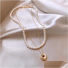 Chains Retro Luxurious Heart Pendant Necklace For Women Simated Pearl Doubledeck Jewellery Accessories Drop Delivery N Dhgarden Dhqb6