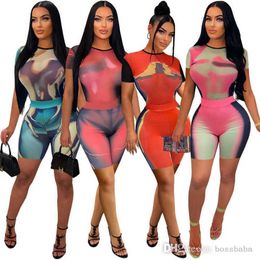 Women Tracksuits Two Pieces Set Designer 2023 Tie Dye Positioning Printing Round Neck Short Sleeve Shorts Set Sportwear 4 Colours