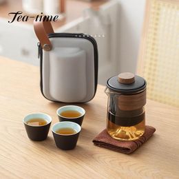 Teaware Retro Black Pottery 1 Pot 3 Cups Tea Set Outdoor Ceramic Travel Teaware Portable Glass Teapot with Filter Kung Fu Tea Maker Set