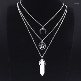 Pendant Necklaces Pentacle Pentagram Moon White Crystal Necklace For Women Silver Color Natural Stone Multilayer Jewelry N3521S0