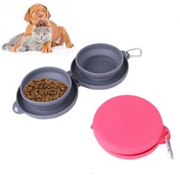 Feeding Dog Bowl Folding TPE Double Bowls For Pet Outdoor Travel Portable Feeders Collapsible Cat Dog Food Water Feeder