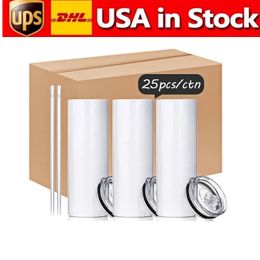 USA CA Stock 20OZ Tumbler Blanks Stainless Steel Water Bottles Sublimation Straight Mug with Straw 50pcs/box 4.23