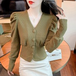 Women's Blouses V-neck Women Autumn Shirts Solid Office Lady Vintage Elegant Slim Long Sleeve Crop Tops All-match Temperament Young Camisas