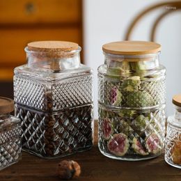 Storage Bottles Carved Embossed Sealed Jar Transparent Glass Bamboo Wood Cover Size Kitchen