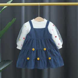 Girl Dresses Denim Brace Dress Two-Piece Korean Style Long Sleeve Children's Clothing Western Cute Girls' Skirt