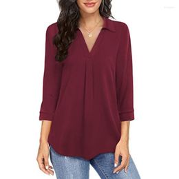 Women's T Shirts Womens Casual Chiffon Lapel Collared V-Neck Blouse 3/4 Sleeves Pleated Front Tunic Top Business Loose Workwear MXMA