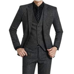 Suits 3 piece Grey Tweed Men Suits for Wedding Peaked Lapel Custom Casual Groom Tuxedos 2022 Winter Man Fashion Clothes Jacket pants