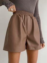 Women's Shorts Bclout Autumn Brown Leather Shorts Women Elegant Solid Office Elastic Waist Wide Leg Shorts Fashion Party Leather Shorts Female 230504