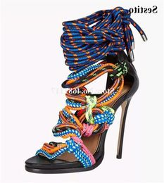 Sandals Multi Wrapped Elastic Straps Gladiator Thin Heel Brand Fashion Women Cut-out Lace-up High Club Shoes Puttee