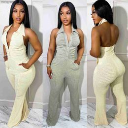 Women's Jumpsuits Rompers Echoine Turn Down Collar Halter Sexy Jumpsuit Pocket Knitted Ribbed Backless Skinny Bodycon Rompers Clubwear Outfits Overalls T230504