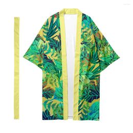 Ethnic Clothing Men's Japanese Traditional Long Kimono Cardigan Women's Plant Leaf Pattern Shirt Yukata Jacket