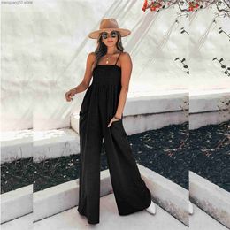 Women's Jumpsuits Rompers Summer Women Sleeveless Elastic Rompers Loose Jumpsuit O Neck Casual Backless Overalls Trousers Wide Leg Pants 3 Colour S-XL T230504