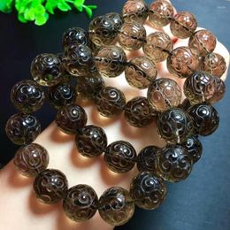 Strand Genuine Natural Brown Quartz Smoky Crystal Round Craved Beads Healing Stone Woman Man Bracelet 16mm Drop