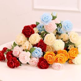 Decorative Flowers Rose Pink Silk Bouquet Peony Artificial 2 Big Heads 1 Small Bud 2023 Bride Wedding Home Decoration Fake Faux