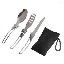 Dinnerware Sets 3pcs/set Outdoor Stainless Steel Folded Fork Spoon Knife Picnic Camping Tableware