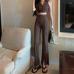 Women's Two Piece Pants Women Cotton Suits Summer Female Sleeveless V-Neck Top And Wide Leg Sets Ladies Fashion Casual Solid G379