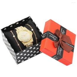 Wristwatches Watch Bracelet Set Women's Diamond-encrusted Quartz Golden Open Rose Gold Bangle Exquisite Box