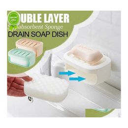 Soap Dishes Doublelayer Box Drain With Sponge Holder For Bathroom Shower Kitchen Portable Storage Tray Creative Case Drop Delivery H Dhnmv