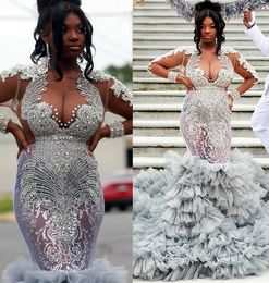 2023 April Aso Ebi Silver Mermaid Prom Dress Beaded Crystals Tulle Evening Formal Party Second Reception Birthday Engagement Gowns Dress Robe De Soiree ZJ664