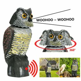 Garden Decorations Realistic Bird Scarer Rotating Head Sound Owl Prowler Decoy Protection Repellent Pest Control Scarecrow Yard Move 230504