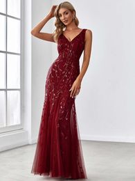 Party Dresses Elegant Evening Dresses V-Neck Mermaid Sleeveless Floor-Length Gown Ever Pretty of Burgundy Sequin Simple Prom Women Dress 230504