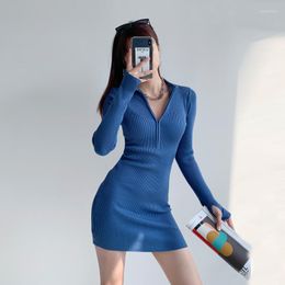 Casual Dresses Blue Dress Womens 2023 Spring Autumn Sexy Zipper Knitted Short Sheath Tight Long Sleeve Sweater Female