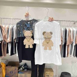 Women's T-Shirt Thicken Sanding Female T-shirt 2023 New Spring Age Reducing Oversized Top Mid-length Embroidery Bear Diamonds Short Sleeve Tees Y23