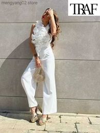 Women's Jumpsuits Rompers TRAF 2023 New Summer Women Elegant Solid Ruffle Sexy White Jumpsuits Fashion Long Jumpsuit with Belt T230504