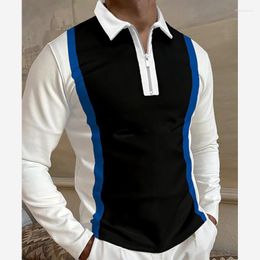 Men's Polos Leisure Men's Clothes Vintage Striped Printed Patchwork Polo Shirt Spring Long Sleeve Lapel Zipper Tops Men Fashion Shirts