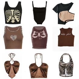 Camisoles Tanks Vintage Brown Halter Camisole Hollow Out Cyber Y2k Crop Top Women Gothic Sexy Aesthetic Fairy Corset Tank Camis 90s Clothes 230503