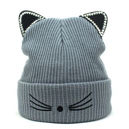 Fashion Cat Ear Knitting Beanie Skull Cap For Women Rhinestone Inlay Braided Winter Keep Warm Girl Casual Crochet Caps HCS327