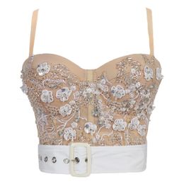 T-Shirt Summer Cropped Sexy Corset Tops Women Lace Beading Sashes Crop Top To Wear Out Night Club Performance Camis With Built In Bra