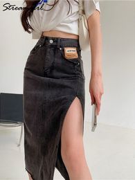 Skirts Streamgirl Maxi Jeans Skirt Women Denim Long Skirts Summer Vintage Maxi Skirt Side Split Denim Skirt Women Long Korean 230504