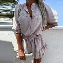 Work Dresses Summer Thin Cotton Linen Two Piece Set Casual O-neck Button Shirt With Ruffle Mini Skirt Suit Fashion Women Holiday Beach