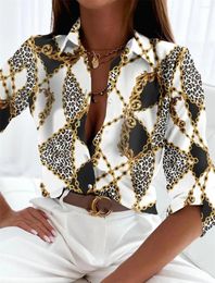 Women's Blouses Fashion Chain Leopard Print Shirt Women's Korean Blouse Elegant Spring Autumn Polo Long Sleeve Single Breasted Office